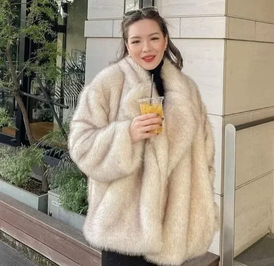 Manteau Fluffy Gris Ivoire - Fourrure Luxe Col Revers