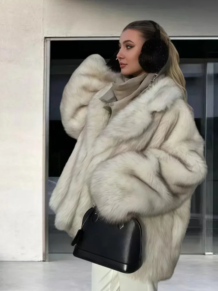 Manteau Fluffy Gris Ivoire - Fourrure Luxe Col Revers