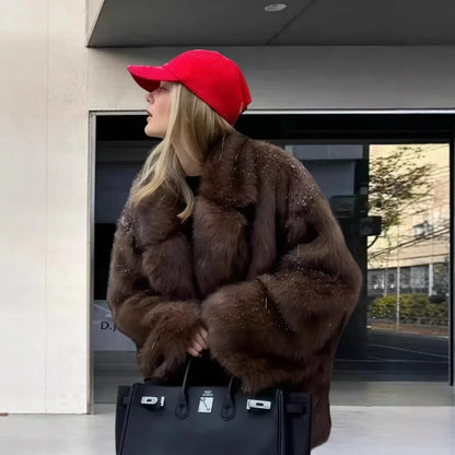 Manteau Fluffy Gris Ivoire - Fourrure Luxe Col Revers