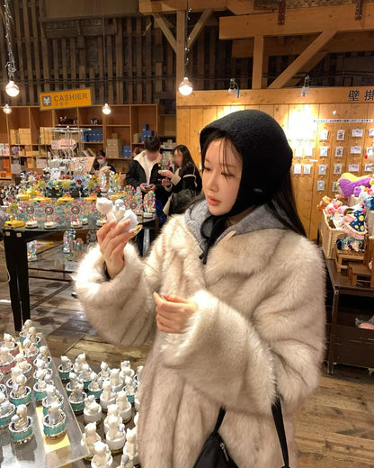 Manteau Fluffy Gris Ivoire - Fourrure Luxe Col Revers