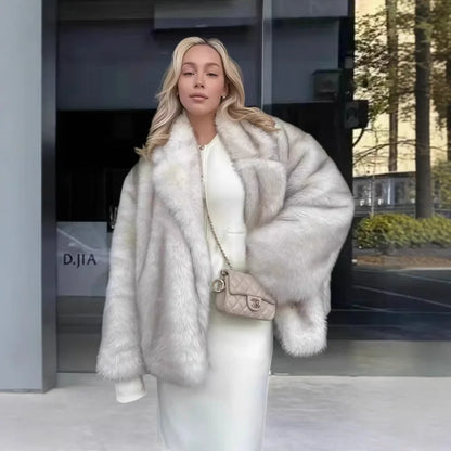 Manteau Fluffy Gris Ivoire - Fourrure Luxe Col Revers