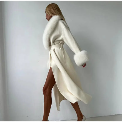 Manteau Patchwork Élégant - Fourrure & Laine Col V