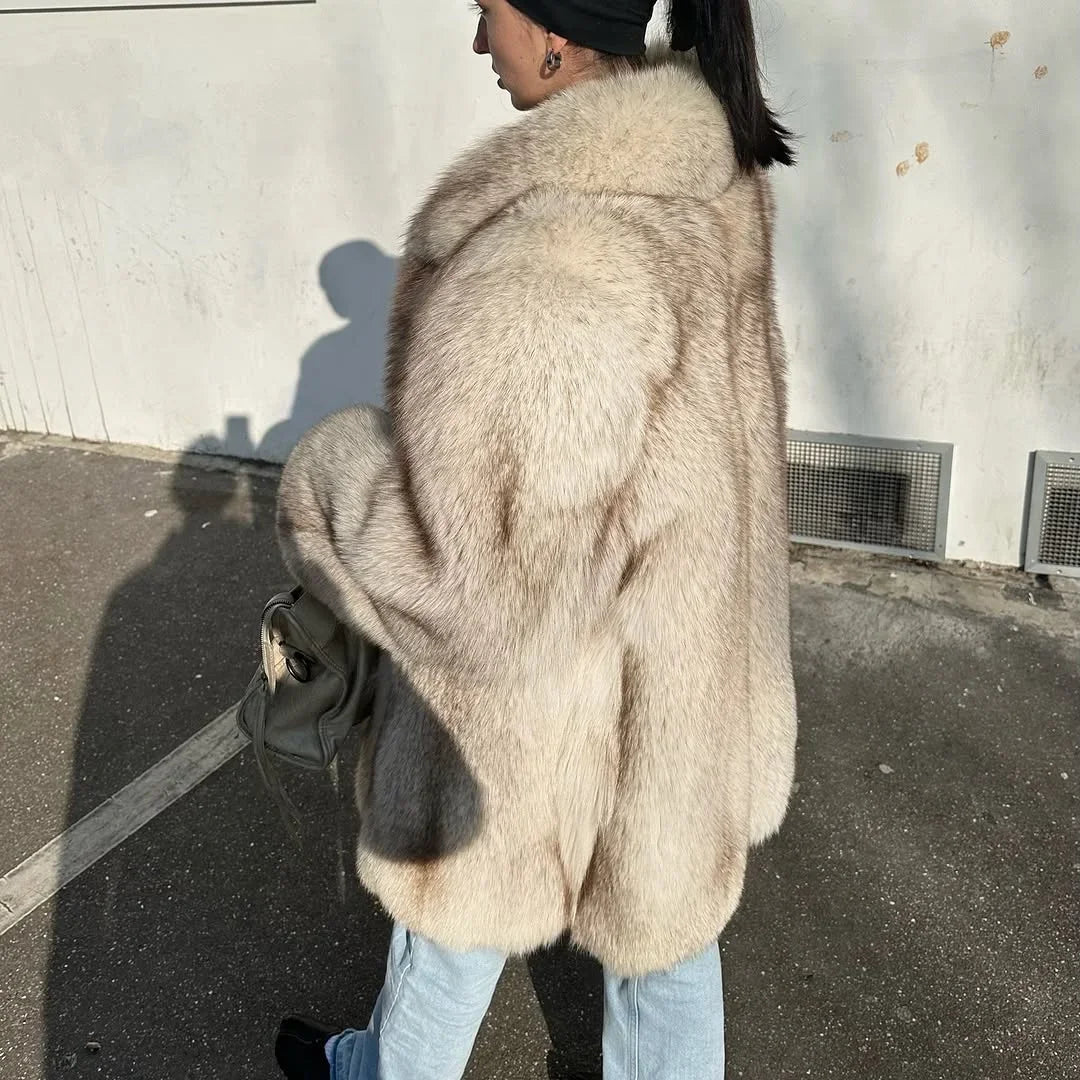 Manteau Fluffy Gris Ivoire - Fourrure Luxe Col Revers