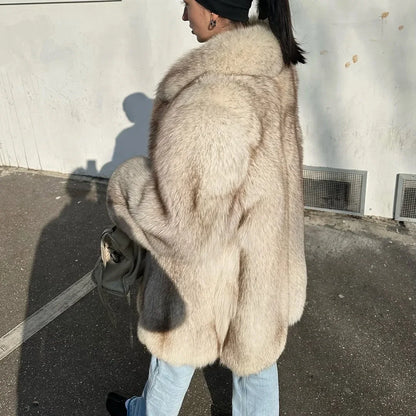 Manteau Fluffy Gris Ivoire - Fourrure Luxe Col Revers