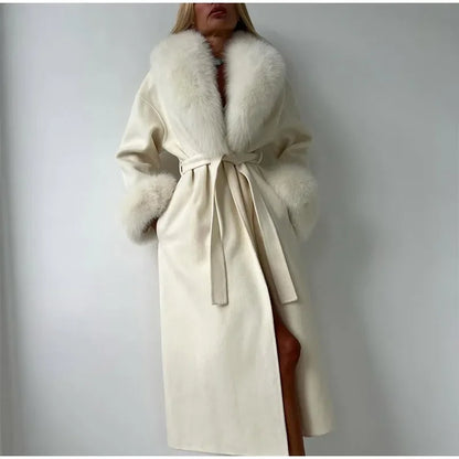 Manteau Patchwork Élégant - Fourrure & Laine Col V