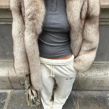 Manteau Fluffy Gris Ivoire - Fourrure Luxe Col Revers