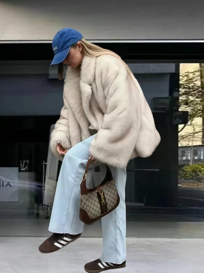 Manteau Fluffy Gris Ivoire - Fourrure Luxe Col Revers