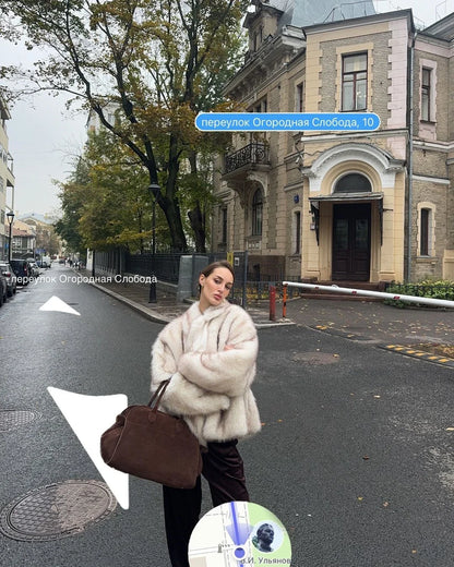 Manteau Fluffy Gris Ivoire - Fourrure Luxe Col Revers