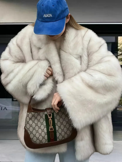 Manteau Fluffy Gris Ivoire - Fourrure Luxe Col Revers