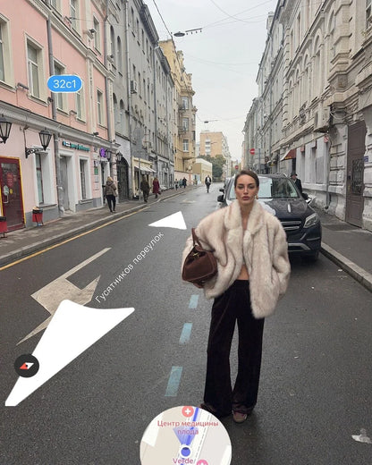 Manteau Fluffy Gris Ivoire - Fourrure Luxe Col Revers