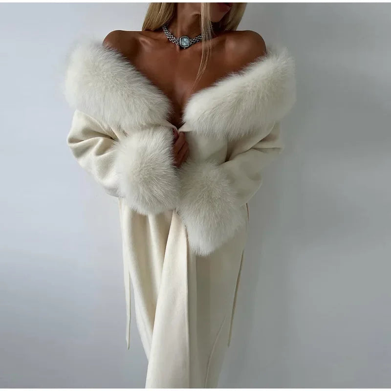 Manteau Patchwork Élégant - Fourrure & Laine Col V