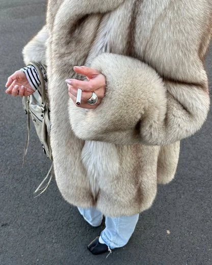 Manteau Fluffy Gris Ivoire - Fourrure Luxe Col Revers