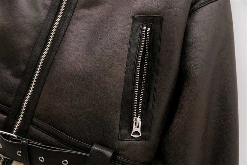 Veste Vintage Marron - Fourrure Épaisse avec Ceinture