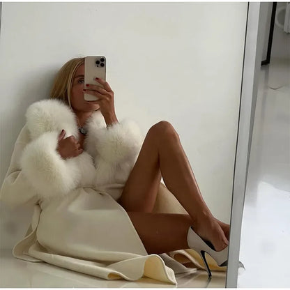 Manteau Patchwork Élégant - Fourrure & Laine Col V