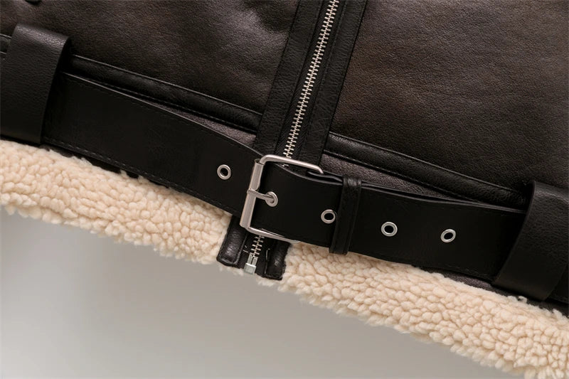 Veste Vintage Marron - Fourrure Épaisse avec Ceinture