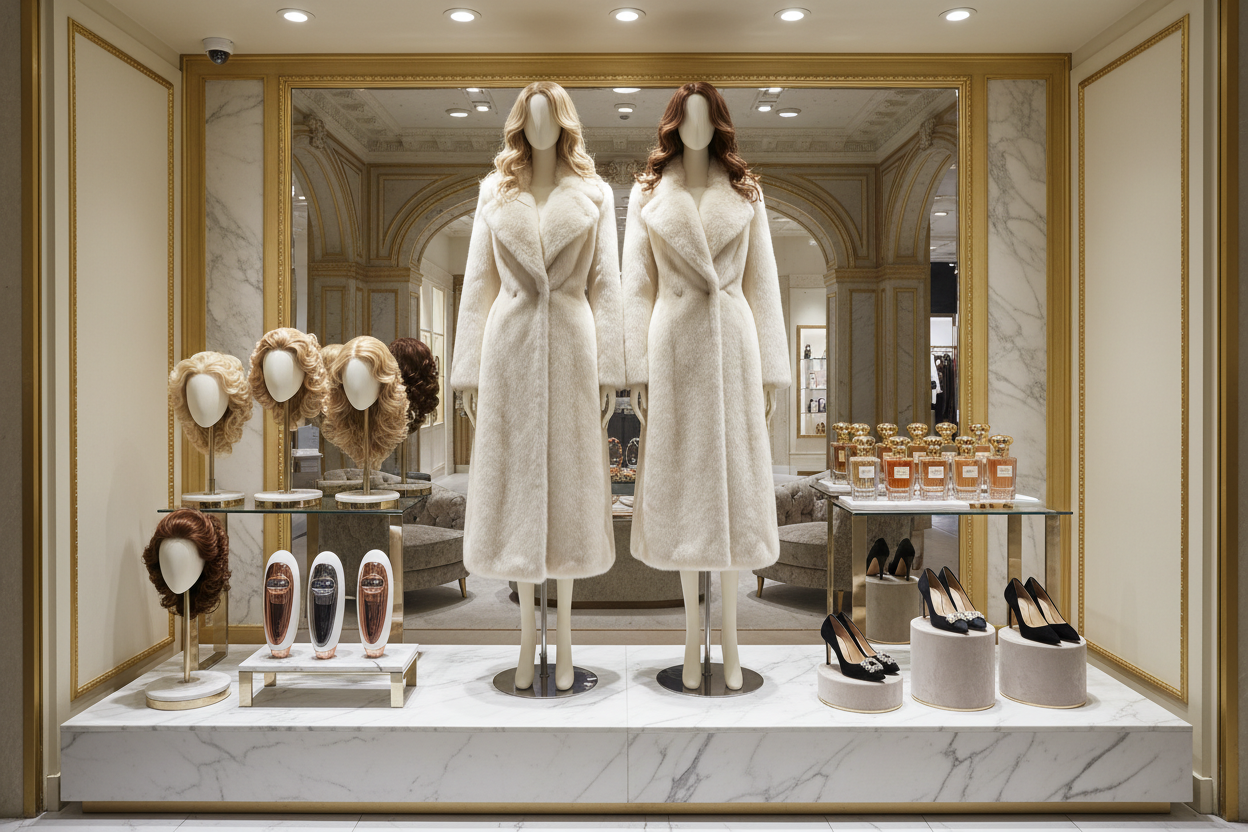boutique luxe manteaux en fourure, perruque appareils pour le visage, parfum et chaussure