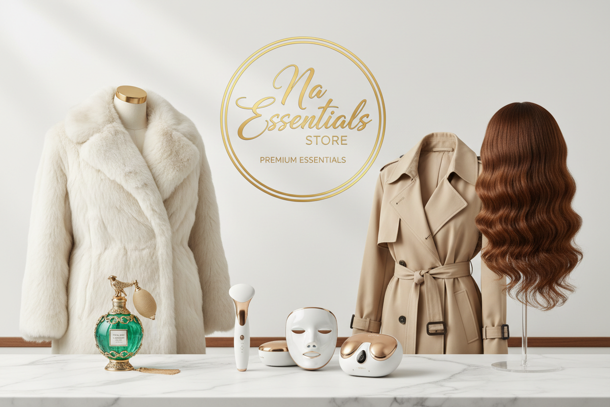 genere moi une image avec mon logo Na Essentials Store et mes differents produits (manteaux en fausse fourure, parfum oriental luxe, manteau trench, perruque, appareils de soins beauté)